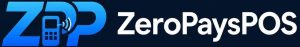 Logotipo de ZeroPaysPOS con letras ZP en degradado azul, terminal de pago contactless y nombre comercial en blanco sobre fondo azul marino.