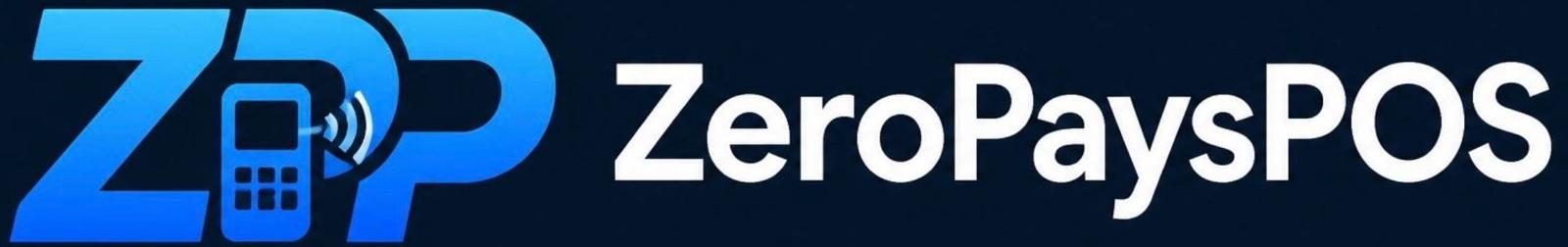 Logotipo de ZeroPaysPOS con letras ZP en degradado azul, terminal de pago contactless y nombre comercial en blanco sobre fondo azul marino.